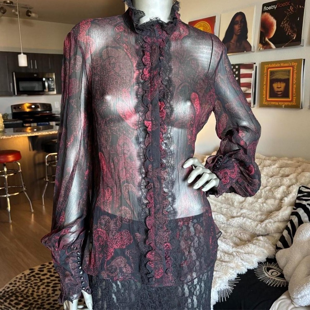 Elie Tahari Sheer Silk Paisley Ruffle Blouse Victorian Goth 🌿🖤